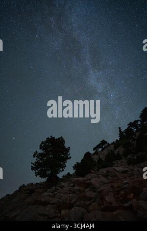 Cielo stellato notturno con la via Lattea sopra la silhouette rocciosa Foto Stock