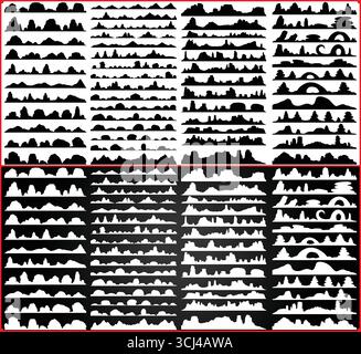Grande collezione di profili montani e rocciosi con paesaggi naturali in stile bianco e nero Illustrazione Vettoriale