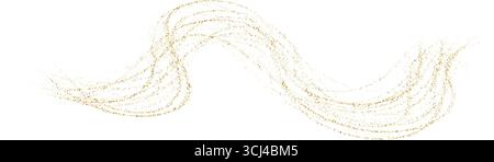 Onde dorate dinamiche con particelle di piccole dimensioni. Flusso di liquido astratto elegante sfumatura dorata tratteggiata, linea fluida punteggiata sfondo dorato Illustrazione Vettoriale