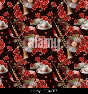 Illustrazione ad acquerello della rivoluzione portoghese dei garofani. Giornata della libertà del Portogallo con fucile d'epoca, fiori rossi, vinile Foto Stock