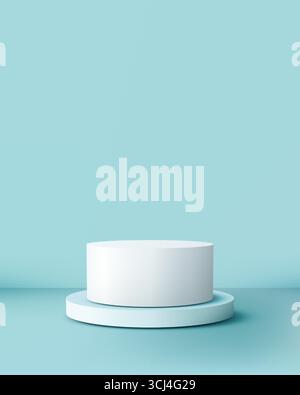 Elegante podio a due livelli con parte superiore bianca e base azzurra con luce soffusa e naturale, perfetto per mockup di espositori, branding, pubblicità e cosmo Illustrazione Vettoriale