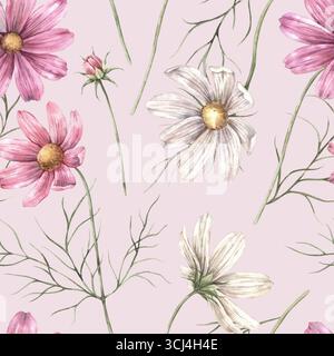 Fiori cosmo rosa e bianco con foglie verdi. Motivo botanico acquerello senza cuciture su sfondo rosa, adatto per avvolgere carta e stampe tessili Foto Stock