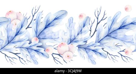 Foglie di quercia blu acquerello, rami, bacche rosa, bordo senza cuciture invernale, disegno disegnato a mano delle stagioni della foresta decorate, evento natalizio, festa Foto Stock