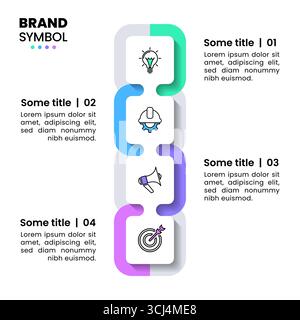 Modello infografico con icone e 4 opzioni o passaggi. Quadrati collegati. Può essere utilizzato per il layout del flusso di lavoro, il diagramma, il banner, il webdesign. Illustrazione del vettore Illustrazione Vettoriale