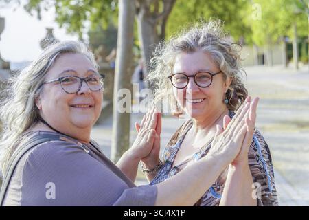 Due donne anziane felici stanno dando cinque in un parco, celebrando l'amicizia e lo stile di vita attivo Foto Stock