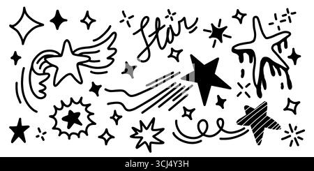 Set di stelle disegnate a mano. Star Doodles Collection su sfondo bianco. Illustrazione Vettoriale