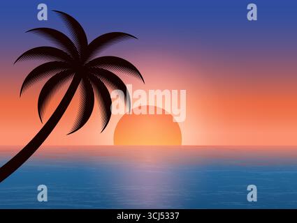 Sfondo estivo al tramonto con foglie di palma. Illustrazione vettoriale. Illustrazione Vettoriale