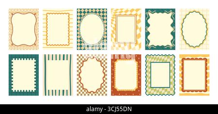Collezione di cornici colorate con bordi ondulati e motivi geometrici, perfette per inviti, banner o layout creativi. Design trendy retrò e astratto dei bordi, illustrazione vettoriale Illustrazione Vettoriale