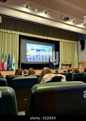 Un relatore che presenta alla 9a riunione regionale sulle tecnologie nell'istruzione in un auditorium ben frequentato. Foto Stock