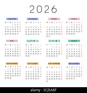 Calendario francese 2026 in moderno design quadrato con intestazioni mensili colorate. Tipografia minima, layout pulito per la pianificazione, l'organizzazione e la programmazione Illustrazione Vettoriale