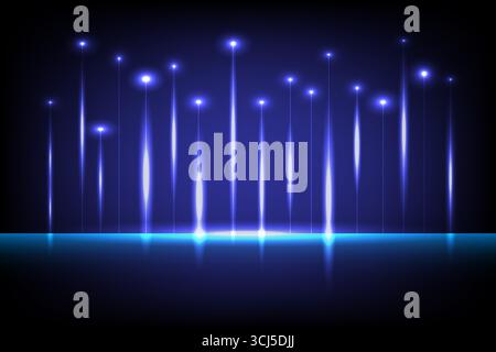 Fasci di neon brillanti astratti che si innalzano da un palcoscenico buio con riflessi, perfetti per temi tecnologici e fantascientifici moderni, illustrazioni vettoriali Illustrazione Vettoriale