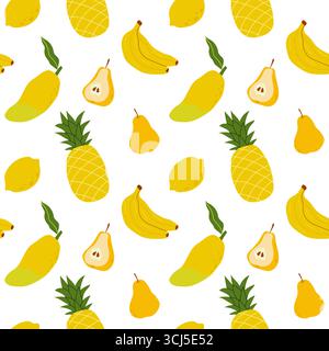 Questo vivace motivo mostra vari frutti gialli, tra cui mango, limoni, ananas, pere, e le banane disposte creativamente su una superficie bianca Illustrazione Vettoriale