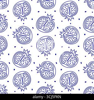 Un motivo ricorrente presenta melograni disegnati a mano e delineati in blu su uno sfondo bianco pulito, per creare un design divertente e artistico Illustrazione Vettoriale