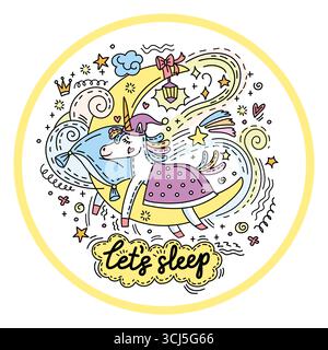 Un simpatico unicorno che dorme su una luna. Umorismo carattere e caratteri Let s sonno, stile doodle. Illustrazione isolata vettoriale colorata disegnata a mano. Fil Illustrazione Vettoriale