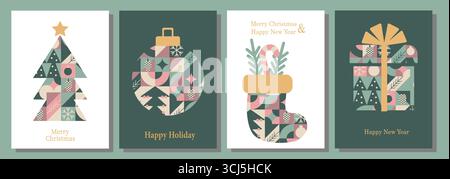 Buon Natale e felice anno nuovo. Set di biglietti d'auguri, banner, poster, sfondi delle festività. Mosaico di sfondo geometrico astratto natalizio con Illustrazione Vettoriale