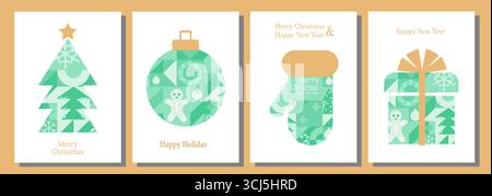 Buon Natale e felice anno nuovo. Set di biglietti d'auguri, banner, poster, sfondi delle festività. Mosaico di sfondo geometrico astratto natalizio con Illustrazione Vettoriale