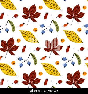 Un motivo vivace che mostra diverse foglie autunnali e frutti di bosco, con elementi rossi, gialli e blu su uno sfondo bianco pulito. Ideale per se Illustrazione Vettoriale