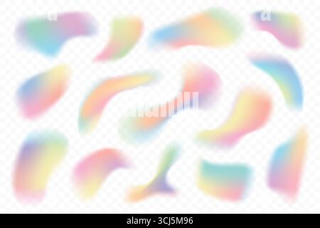 Forme di gradiente sfocato astratto isolate su sfondo bianco. Elementi liquidi a rete color pastello. Blot vettoriale di luce morbida con gradazione aura Illustrazione Vettoriale
