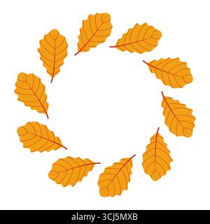 Un layout circolare presenta dieci foglie di arancio brillante con venature distinte, disposte artisticamente su un semplice sfondo bianco, che mette in risalto il beau autunnale Illustrazione Vettoriale