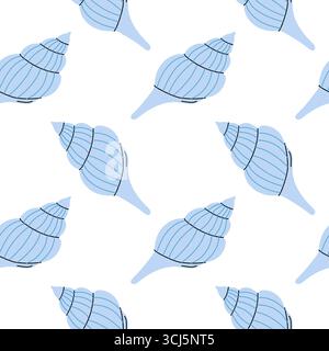 Un design con più conchiglie a spirale blu disposte in un motivo uniforme su sfondo bianco, perfetto per tessuti o carte da parati, che evocano un aspetto più delicato Illustrazione Vettoriale