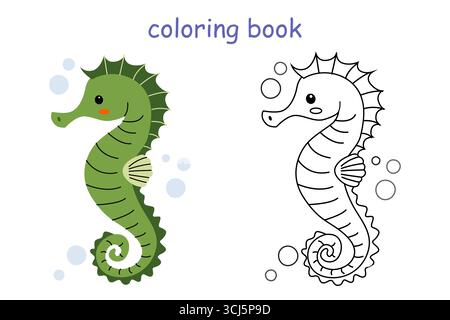 buon libro da colorare al cavalluccio marino per bambini. Pagine di colorazione di animali selvatici per bambini. Illustrazione Vettoriale