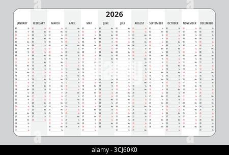 calendario pianificatore 2026 per anno. illustrazione vettoriale in inglese Illustrazione Vettoriale