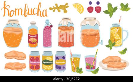 Collezione kombucha con bevande in bottiglie, bicchieri e lattine di alluminio in stile piatto. Bevanda a base di tè fermentato in gusti assortiti, zenzero, menta, limone, ras Illustrazione Vettoriale