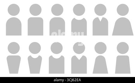 Set di avatar in scala di grigi con profili utente neutri per il genere, semplici icone delle persone e ritratti di silhouette in stile cartoni animati piatto. Perfetto per applicazioni e siti Web Illustrazione Vettoriale