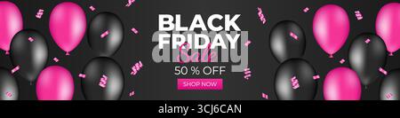 Banner di vendita del Black Friday con palloncini rosa e nera, promozione sconto sullo shopping in background. Illustrazione Vettoriale