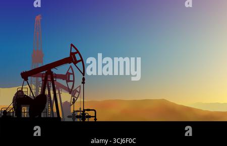 Pumpjack. Carro di perforazione di petrolio greggio, derrick. Campo dell'olio, martinetto della pompa. Cielo tramonto di sfondo. Gas. Produzione onshore, industria, affari. Silhouette Illustrazione Vettoriale