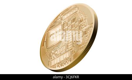 Vista macro del design posteriore di una moneta Bitcoin d'oro isolata su sfondo bianco, che simboleggia la tecnologia blockchain, le transazioni crittografiche e l'inganno Foto Stock