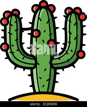 Un cactus verde brillante con piccoli frutti rossi e spine scure sorge su una piccola collina desertica. Illustrazione Vettoriale