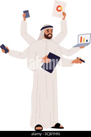 Uomo d'affari arabo in multitasking con sei mani. Uomo di successo con molte braccia. Gestione efficiente del tempo. Dipendente arabo occupato con laptop e sma Illustrazione Vettoriale