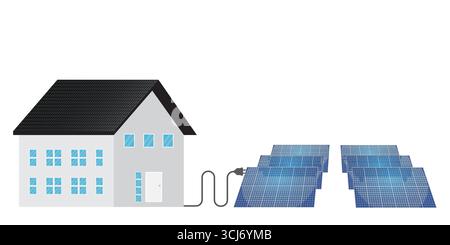 Casa con pannello solare. Energia solare e fonti di energia rinnovabile. Energia pulita e verde. Illustrazione vettoriale. Illustrazione Vettoriale