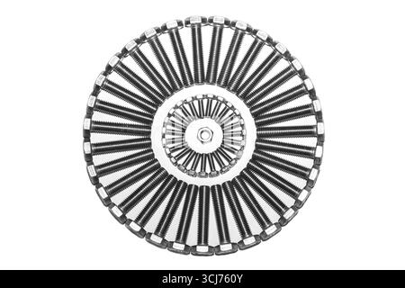 Bulloni disposti in cerchio su uno sfondo bianco in primo piano. Foto Stock