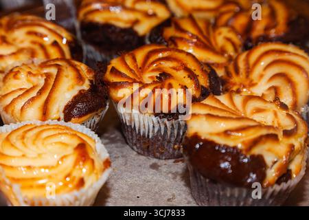 Lotto di piccoli cupcake cotti in tazze di carta. Foto Stock