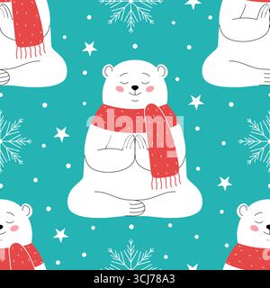 Motivo invernale senza cuciture con un simpatico orso bianco Illustrazione Vettoriale