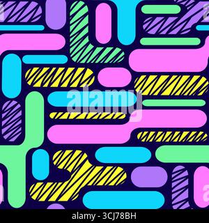 Vivace motivo astratto senza cuciture con forme arrotondate colorate su sfondo blu scuro. Illustrazione Vettoriale