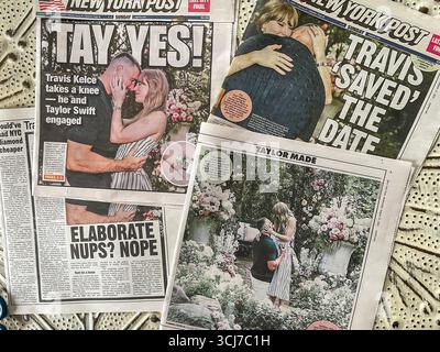 New York Post notizie in prima pagina di Travis Kelce e Taylor Swift fidanzamento, 2025, Stati Uniti Foto Stock