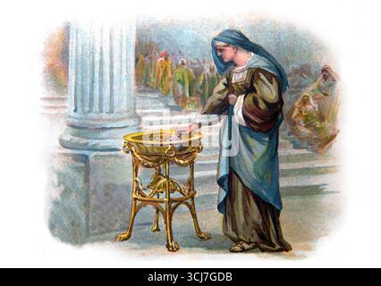 Illustrazione dell'acaro della vedova - Vedova che offre due monete al Tempio dal libro per bambini del XX secolo l'ABC delle immagini bibliche Foto Stock