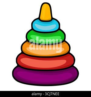 Vivace illustrazione vettoriale di un colorato giocattolo impilabile, dalla forma conica con anelli a strati in uno spettro arcobaleno, perfetto per i bambini Illustrazione Vettoriale