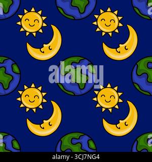 Pattern vettoriale senza cuciture con una rappresentazione giocosa di un sole sorridente, una luna crescente dormiente e una Terra stilizzata, creando un des cosmico allegro Illustrazione Vettoriale