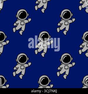 Fantasia vettoriale senza cuciture con affascinanti astronauti cartoon che fluttuano su uno sfondo blu profondo, ideale per stampe tessili, abbigliamento per bambini o spazio- Illustrazione Vettoriale