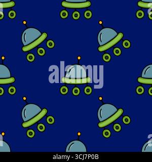 Fantasia vettoriale senza cuciture con divertenti UFO cartoon in verde, verde e arancione su uno sfondo blu intenso, perfetto per tessuti per bambini o per lo spazio Illustrazione Vettoriale