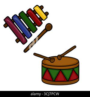 Una vivace illustrazione vettoriale con uno xilofono con tasti colorati e un piccolo tamburo con un motivo geometrico, perfetto per libri per bambini e musica-t Illustrazione Vettoriale