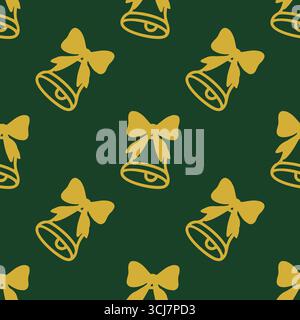 Motivo vettoriale senza cuciture di campane dorate con archi su sfondo verde scuro, perfetto per la carta da imballaggio o per le decorazioni natalizie. Illustrazione Vettoriale