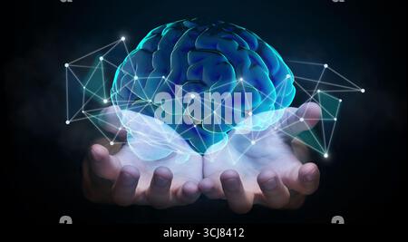 Mani ologramma del cervello con le connessioni di rete Foto Stock