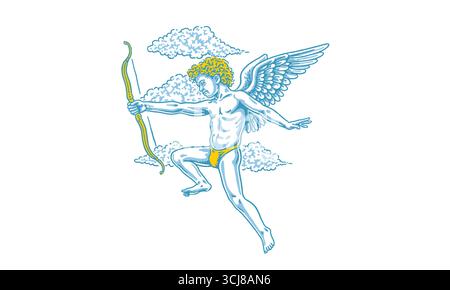 Personaggio cupido in stile retrò con arco e freccia che volano nelle nuvole, illustrazione vettoriale disegnata a mano d'epoca Illustrazione Vettoriale
