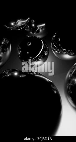 Rendering verticale di sfere riflettenti nere lucide disposte in un design artistico astratto, con forti riflessi di luce e sfondo ad alto contrasto Foto Stock