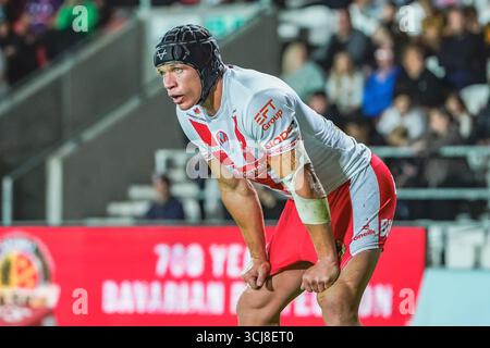 ST HLENES, INGHILTERRA - 5 settembre: Jonny Lomax di St Helens mostra i suoi sforzi durante la partita. Betfred Super League match tra St Helens e Wigan Warriors al Totally Wicked Stadium il 5 settembre 2025 a St Helens in Inghilterra. (Foto di James Giblin) Foto Stock